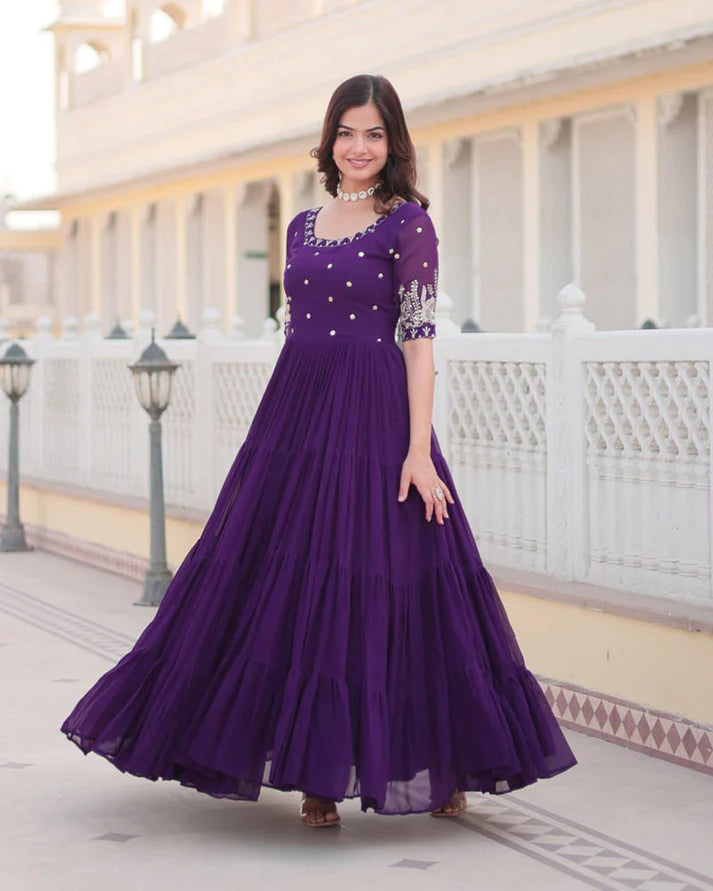 Four Layer Faux Blooming Embroidery Work Purple Gown