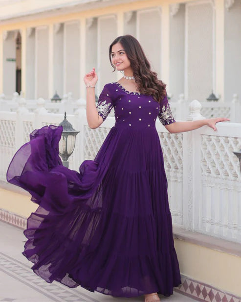 Four Layer Faux Blooming Embroidery Work Purple Gown