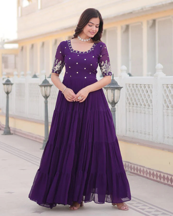 Four Layer Faux Blooming Embroidery Work Purple Gown