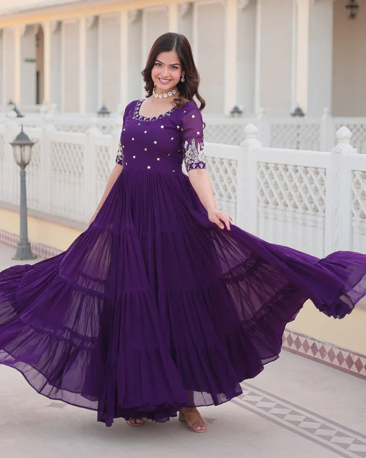 Four Layer Faux Blooming Embroidery Work Purple Gown